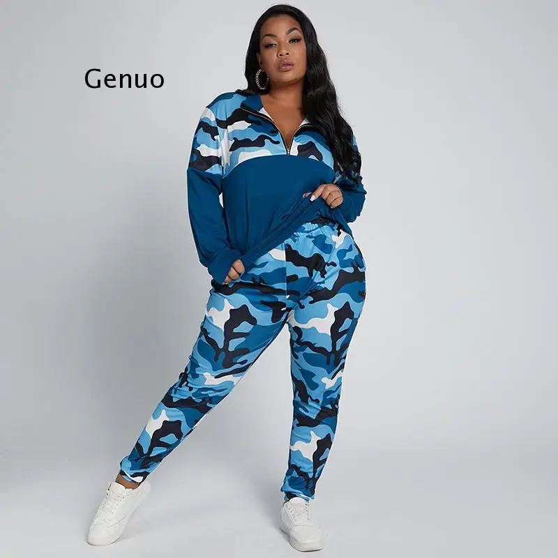 Plus Size S-5Xl 2 Piece Outfits for Women Camouflage Printed Stretch Casual Joggor Fitness Matching Set Wholesale Dropshipping