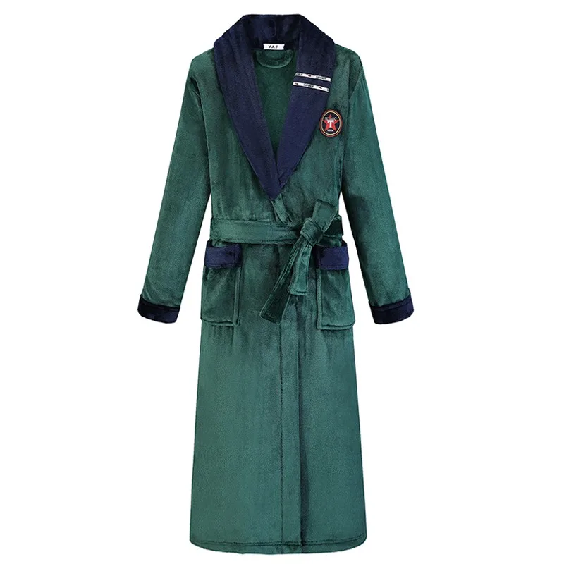 Bata larga de franela acolchada para hombre, camisón grueso de invierno, Kimono largo, albornoz cálido, ropa de dormir informal de lana de Coral,
