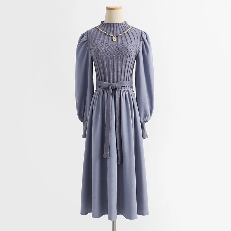 

Elegant Splice Knit Midi Dress 2021 New Long sleeve Basic A Line Corduroy Dress Vintage Half high collar Office Dress With belt