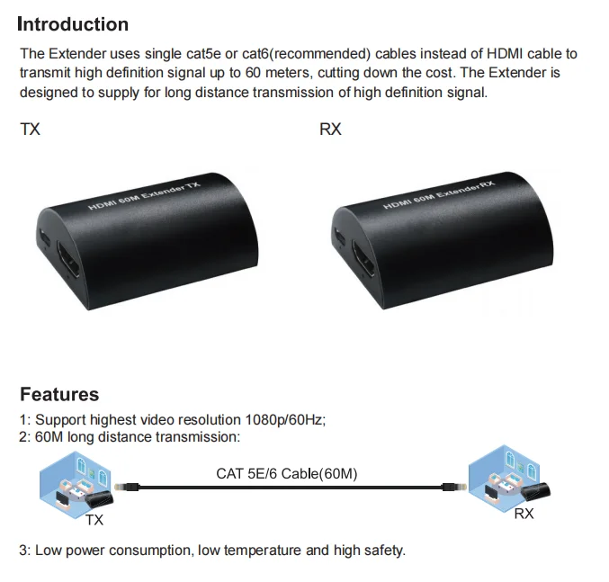 Um par, 60m hdmi para ethernet rj45, extensor conversor sobre cat5, cat6, cat7, full hd, 1080p, 60hz