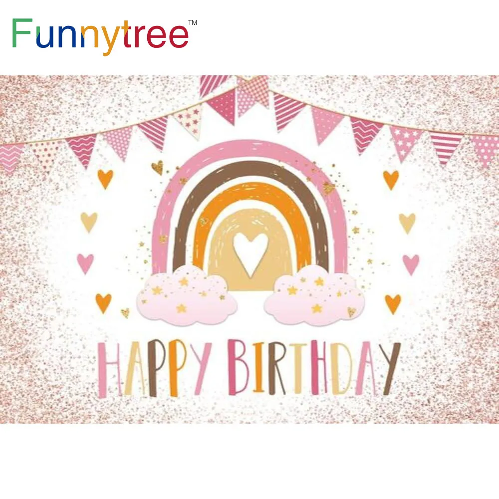 Funnytree Birthday Party Decoration Background Pink Rainbow Bunting Sweetheart Banner Baby Shower Custom Photography Background