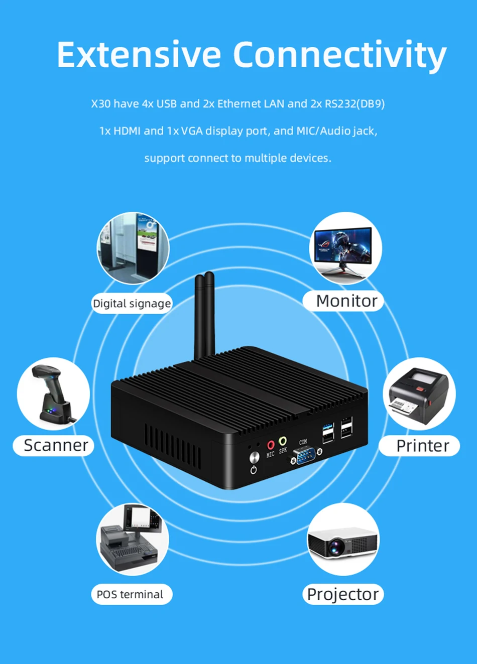 XCY Fanless Mini PC Intel Celeron J1900 Quad-Cores 2.0GHz 2x RS232 2x LAN Windows 10 Linux Embedded IoT Industrial Computer