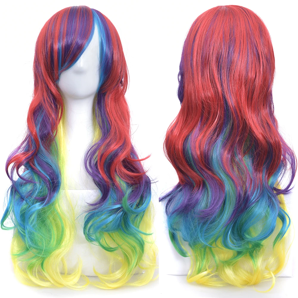 Pelucas de onda larga para disfraz de Halloween, Pelo Rizado suelto, color verde y rosa, raya central, accesorios para Cosplay