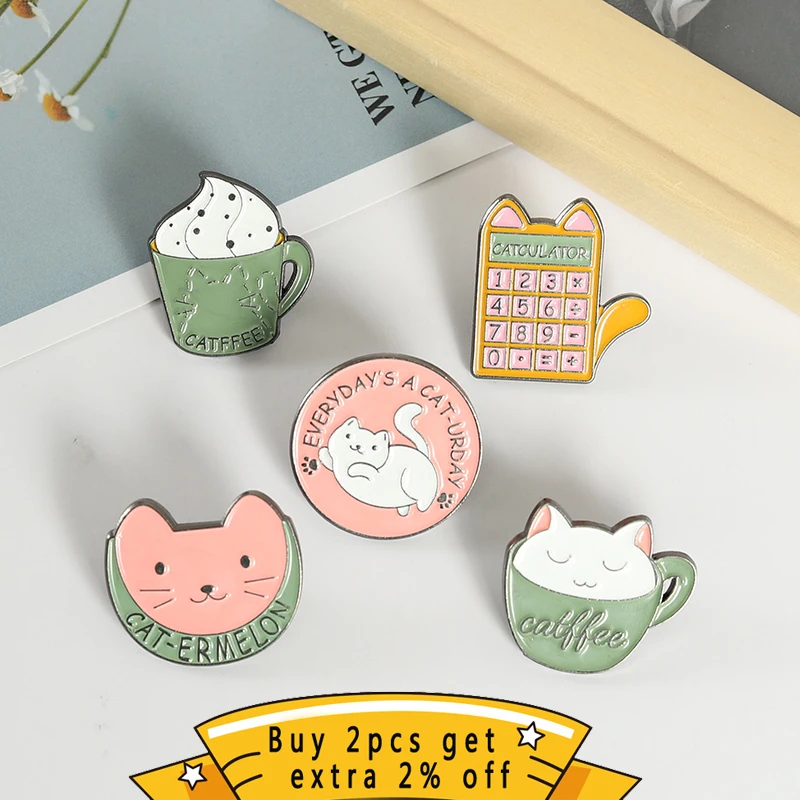 Cartoon Cup Cat Enamel Pins Badge Calculator Ice Cream Coffee Cat  Brooches Cute Animal Lapel Bag For Womens Anime Jewelry Gifts