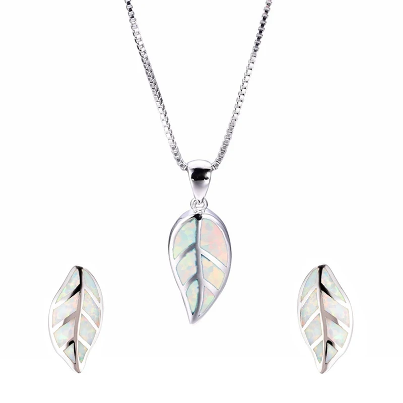 Fashion Leaves Design Jewelry Set Blue Imitation Fire Opal Pendant Necklace With Earrings For Women Accessories Party Loves Gift