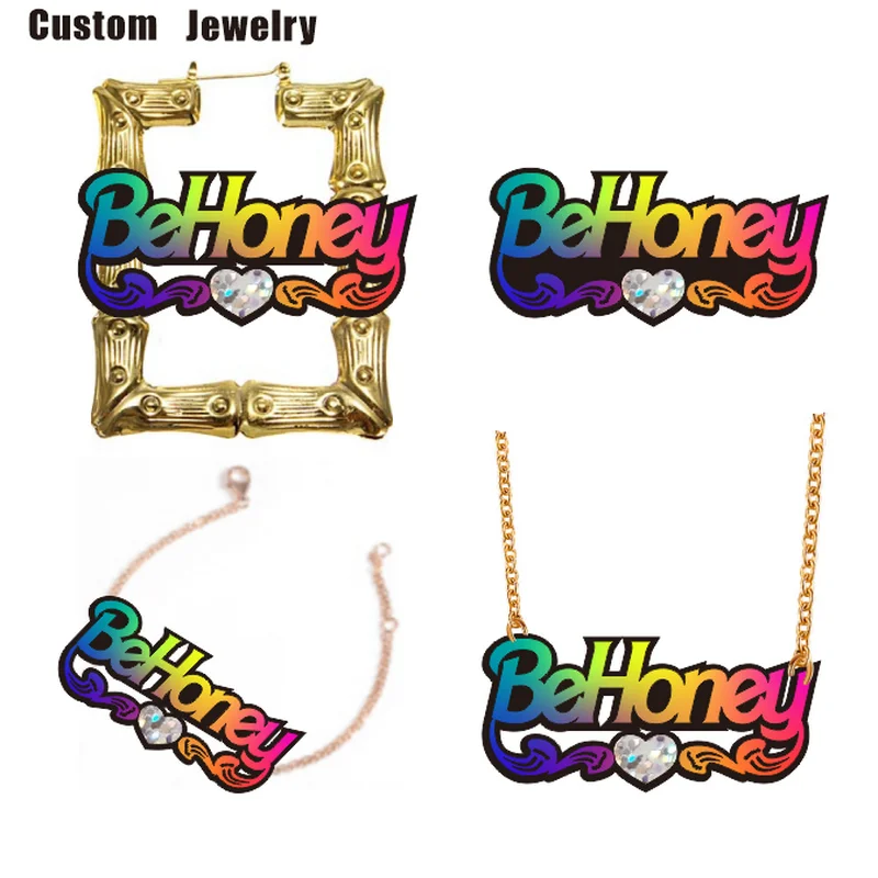 

4 PCS SET Custom Rainbow Effects Letters Ribbon Bamboo Style Earring and Necklace Sets