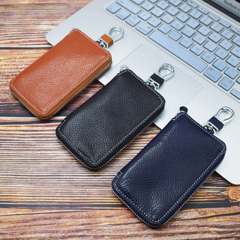 Genuine Leather Key Wallet Men Keychain Holder Pouch Purse Zipper Designer Car Key Case Multifunction Door Keys Housekeeper Bag