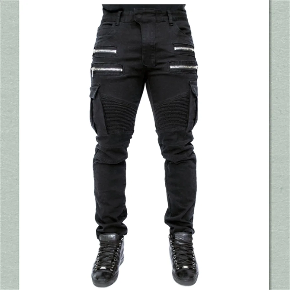 EH · MD® Men's Stretch Denim Trousers Fashion Trend Pleated Zipper Decoration Multi Pocket 2020 Black Khaki Slim Casual Jeans