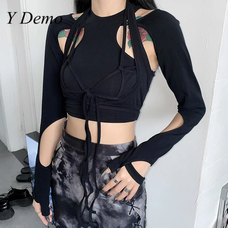 Y Demo Techwear Hollow Out T-shirt Women Patchwork O Neck Lace Up Holes Harajuku Tee 2021 Summer Casual Tops