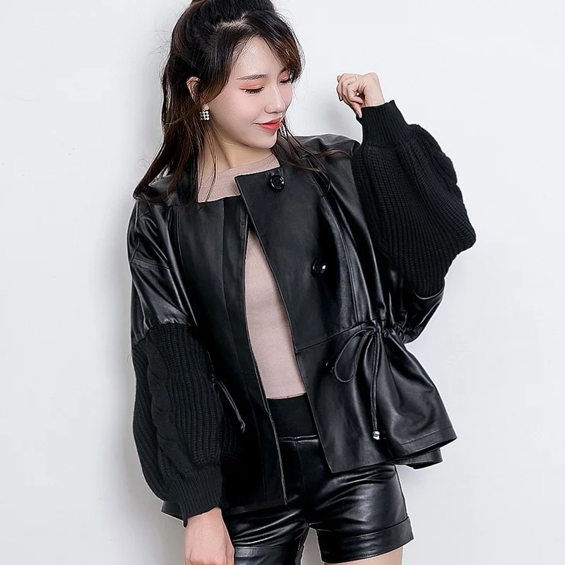 Genuine Women Leather Jacket Design Patchwork Knitting Puff Sleeve Short Sheepskin Coat Street Loose Fit Sweet Casual Jackets