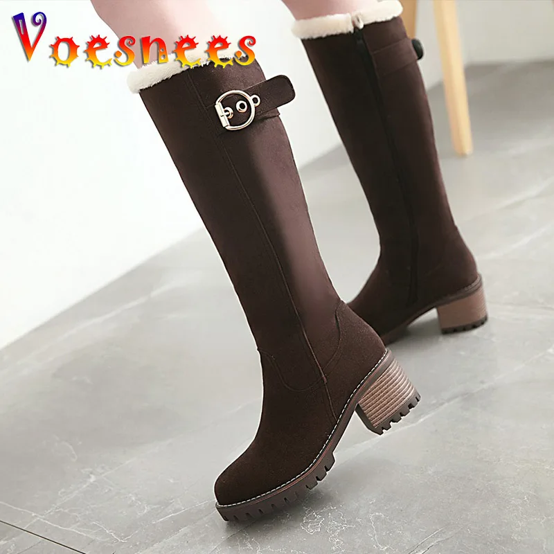 Women\'s Winter Warm Long Boots 2022 New Fashion Flock Knee-High Boots Exquisit College Style Plush Thick Soled Zip Female Shoes