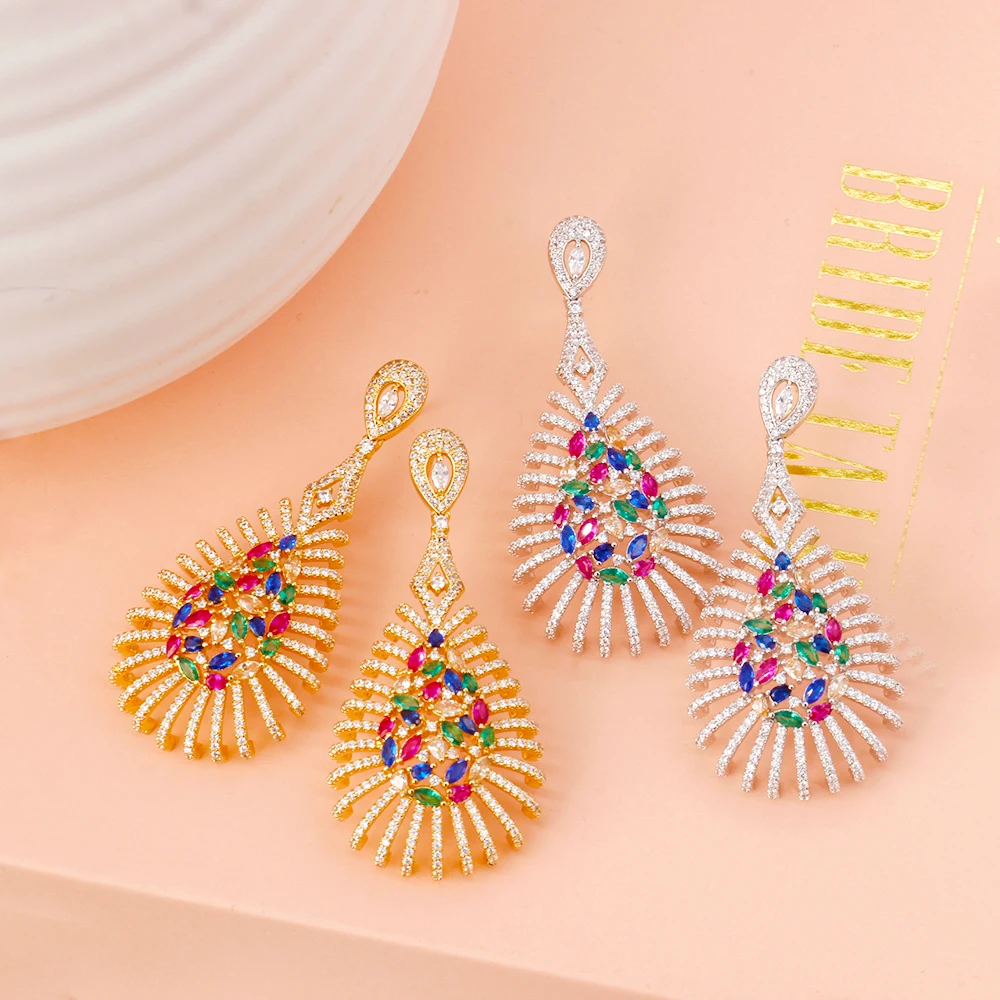 TIRIM Luxury Multicolourl Dangle Earrings For Women Cubic Zircon Flower Jewelry CZ Big Eardrop Wedding Elements of Chinese Style