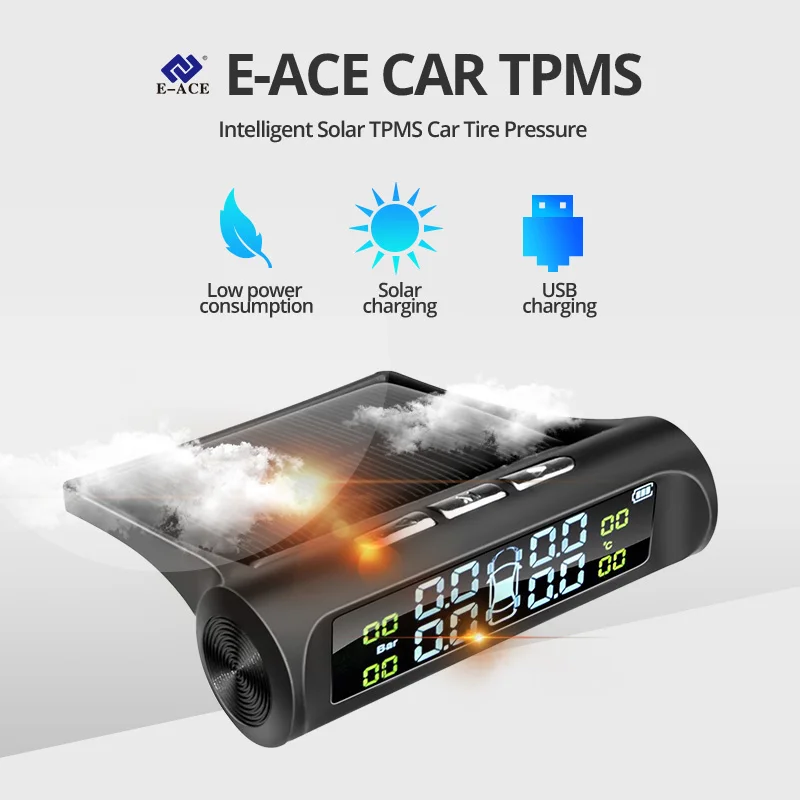 E-ACE Solar Tire Pressure Car TPMS 4Wheel Sensor Smart Car Systems Monitoring System Security Alarm Tire Display Pressure