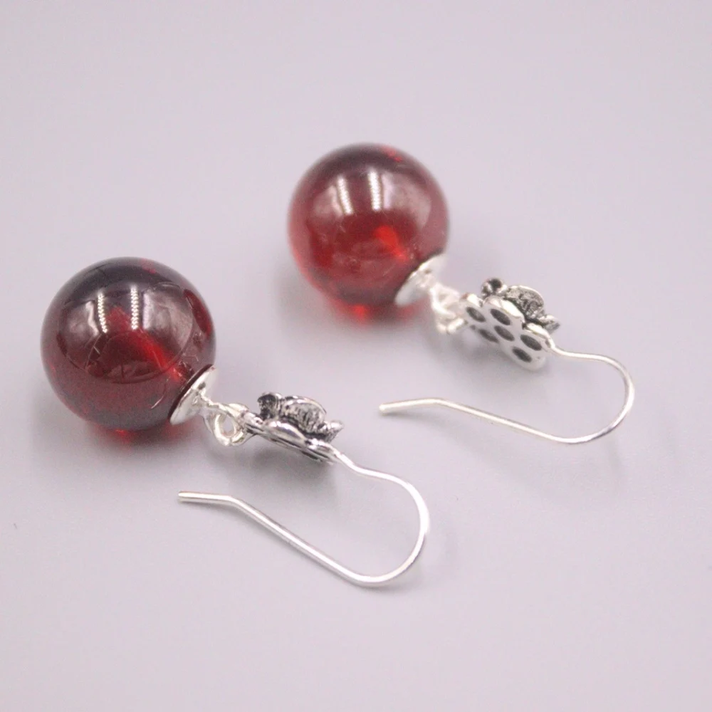 Fine Pure S925 Sterling Silver Earrings Red Garnet Women 32*12mm Flower Ball  Dangle Earrings