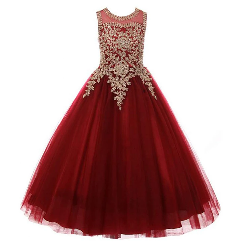 Wine Red With Gold Appliqued Beaded Little Girls Pageant Dresses 2024 Holy Communion Dress Children's Birthday Party Prom Gowns