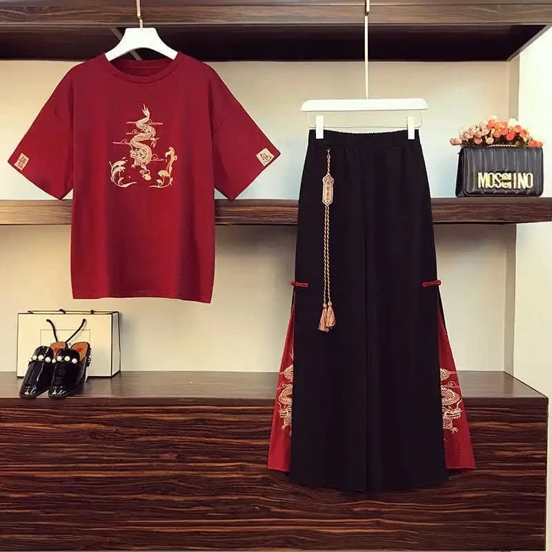 Japanese Harajuku Tee Tops Chinese Style Tang Suit Women Casual T-Shirt Wide Leg Kung Fu Pants Set Oriental Clothing 2022