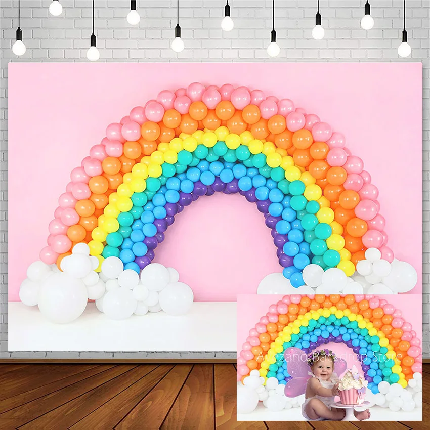 

Avezano Happy Birthday Backdrop Cake Smash Rainbow Orb Baby Pink Photography Background Studio Clouds Photozone Photophone Decor