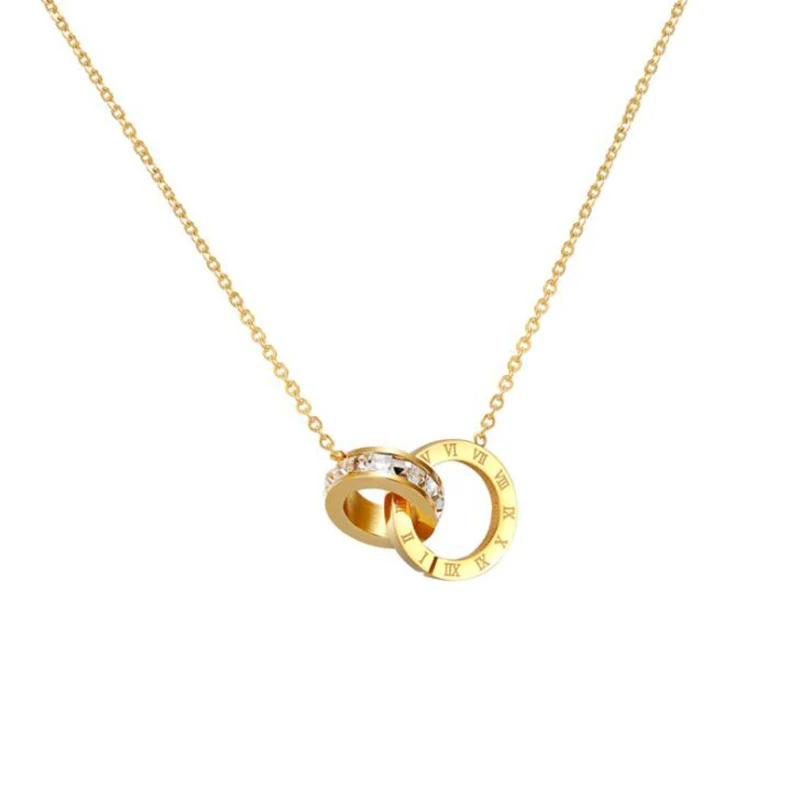 

Fashion Stainless Steel Crystal Double Circle Love Roman Numbers Pendant Necklace Rose Gold Color Women Wedding Jewelry