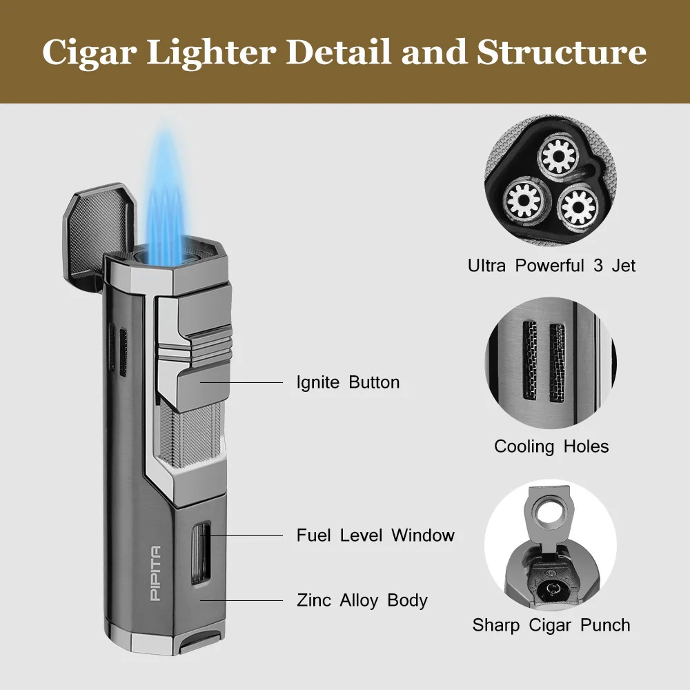 PIPITA Cigar Lighter Windproof Refillable Butane Torch Turbo Lighter 3 Jet Flame clipper Lighters Punch gas Cigarette Lighter