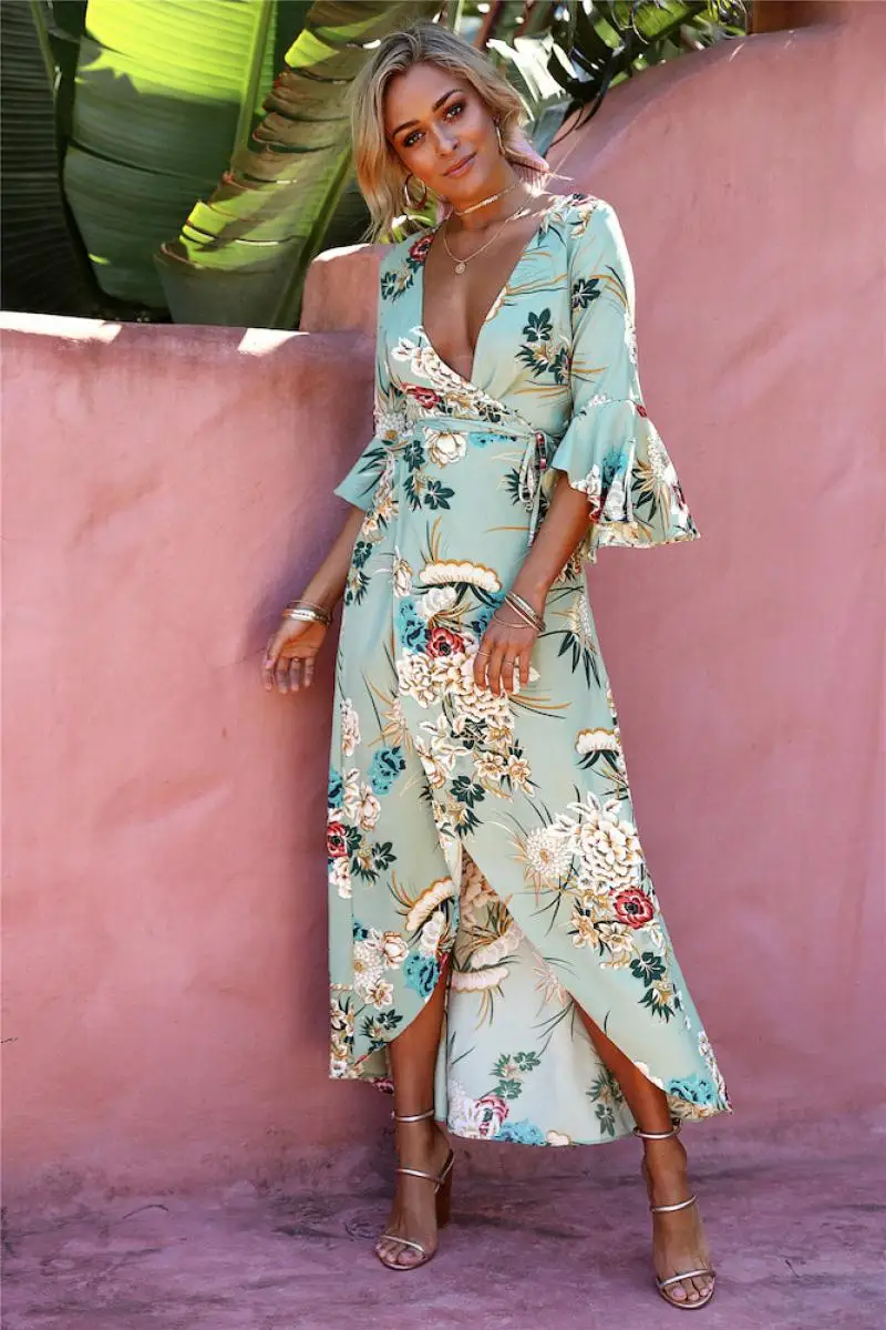 Robe longue imprimée à col en v croisé pour femmes, printemps et été, sexy, vacances à la mer, plage