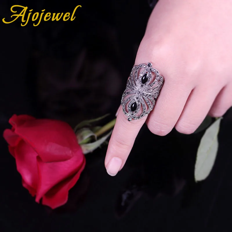 Ajojewel Vintage Style Exaggerated Big Ring Women Unique Black Crystal Rhinestone Flower  Jewelry Rings