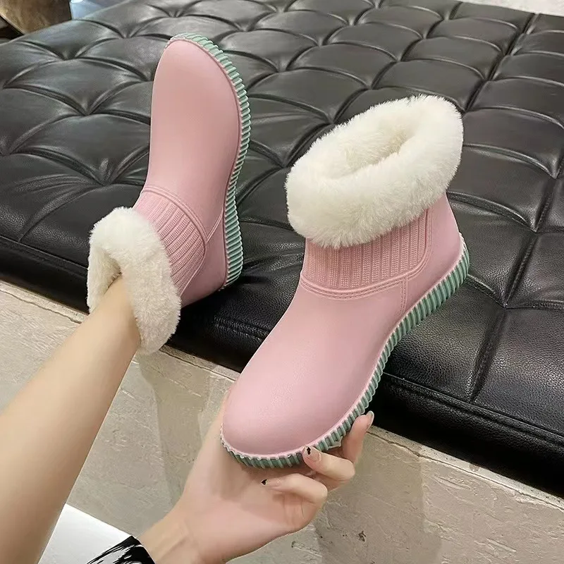 Women Solid Color Ankle Rain Boots Autumn Winter Outdoor Platform Water Boots Female Non-slip Waterproof Kitchen Shoes