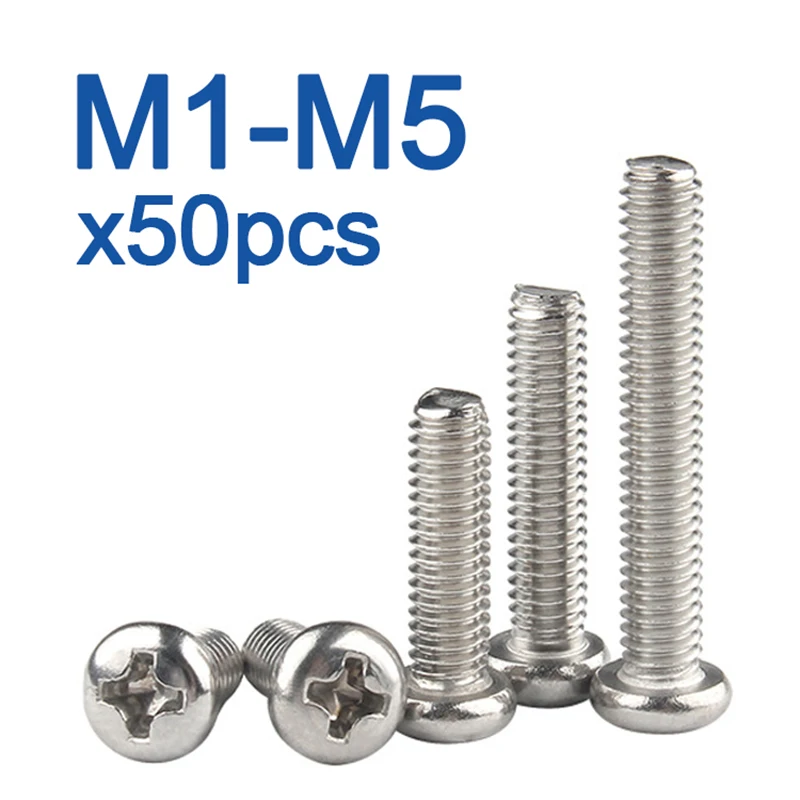 50pcs/lot Cross Recessed PM Pan Round Head Screws M1.2 M1.4 M1.6 M2 M2.5 A2-70 Stainless Steel Phillips Machine Screw