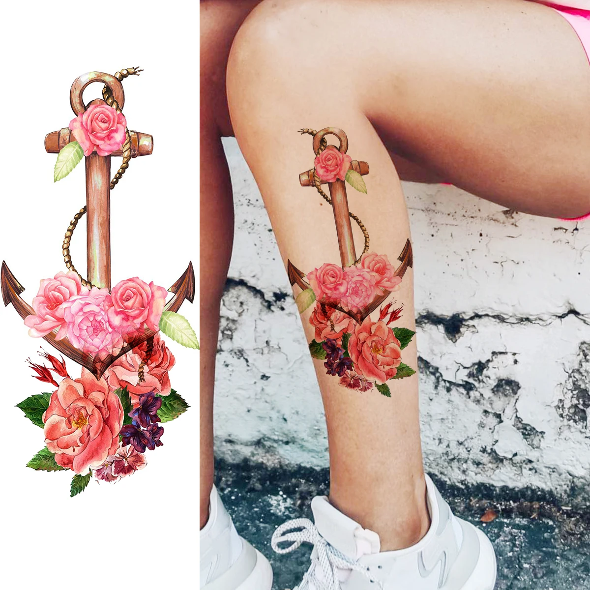 Aquarela rosa flor âncora tatuagens temporárias para mulheres adulto chave  borboleta peônia falsa tatuagem bezerro braço lavável tatoos adesivo /  Tatuagem e arte corporal, image size:1200x1200