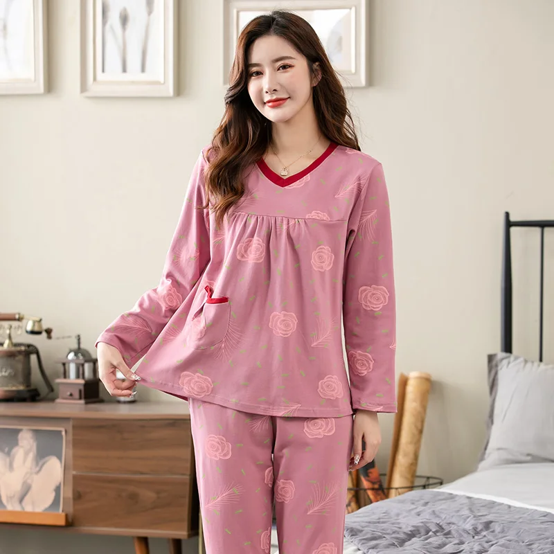 Women Casual Tracksuit Long Sleeve V-Neck Pajamas Set Autumn Big Yards 4XL Sleepwear Nightgown Elegant Rose Flower Pijamas Mujer
