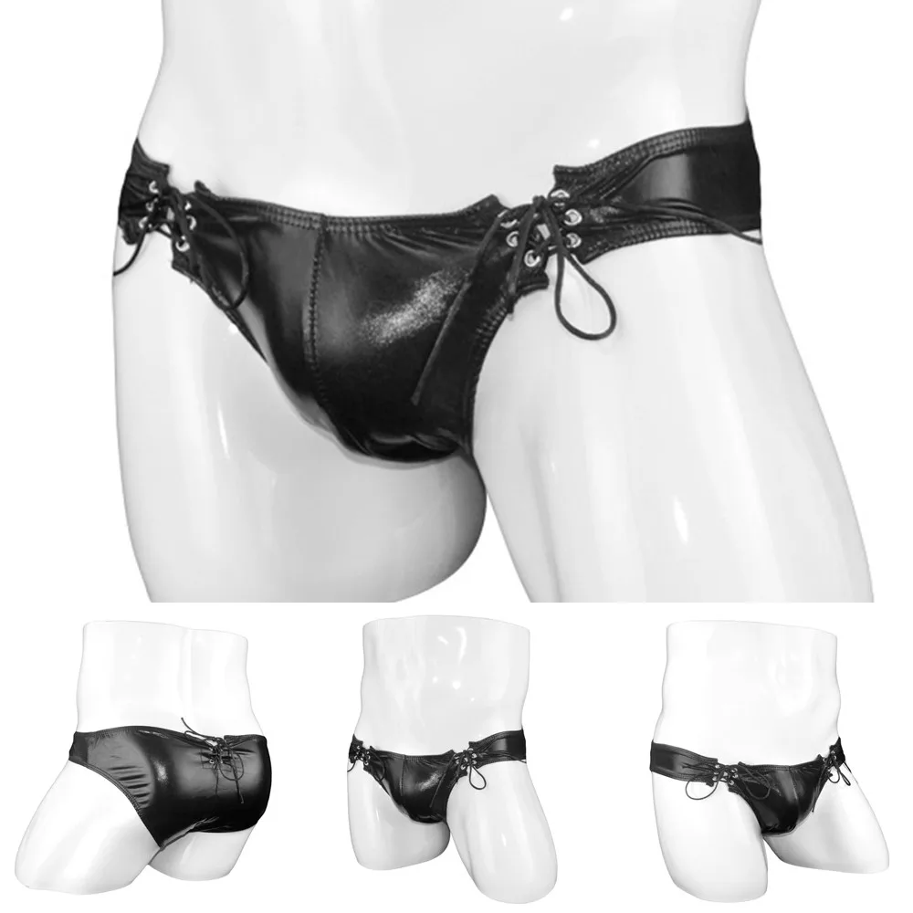 Men Sexy Underwear Faux Leather Shorts Low Waist Pouch Underpants Bandage Nightclub Wear Clothes Fashion Bottom Male Pants - Image 6