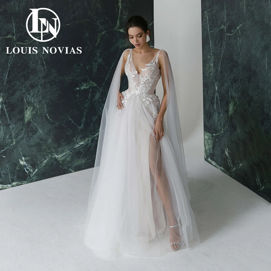 LOUIS NOVIAS Boho Wedding Dresses For Women 2024 Bride Embroidery V-Neck Sleeveless Lace Slit-Hem Bridal Gown Vestidos De Novia