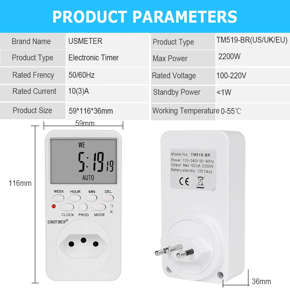 TM519 BR EU UK US IL IT 220V 110V Time plug Timer AC UK Plug Power Socket Timer Switch Outlet Time Clock Programmable Plug