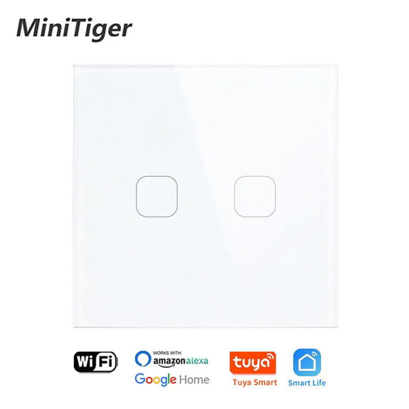 Minitiger EU/UK Standard Tuya Smart Life Glass Panel Light Touch Switch Voice Control Light Wireless Touch Wall Switch