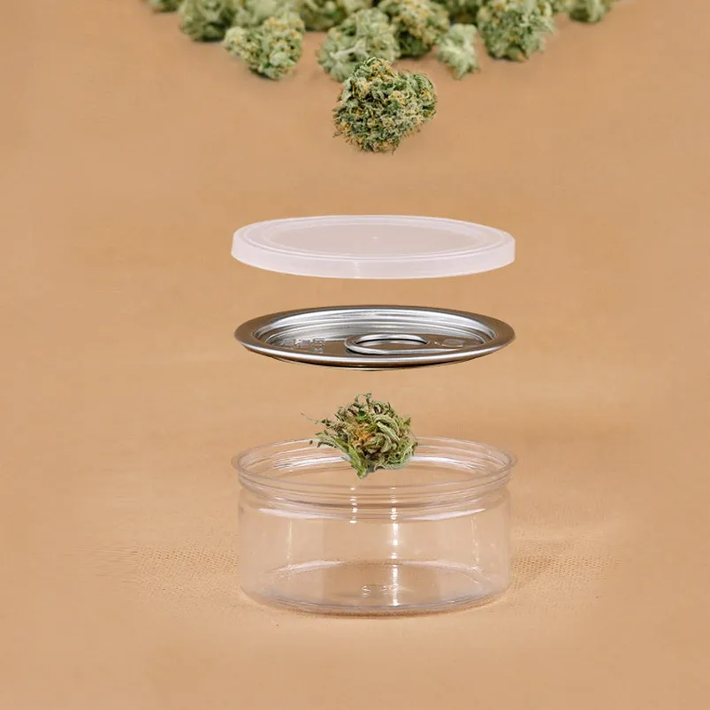 100pcs Clear Plastic Jar PET with Metal Lid Airtight Tin Can Pull Ring Concentrate Container Food Herb Storage 100ML W0101