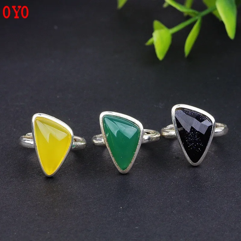 

100%S925 Silver Retro Fashion Cut Blue Sandstone Topaz Chalcedony Green Agate Triangle Opening Ring Female