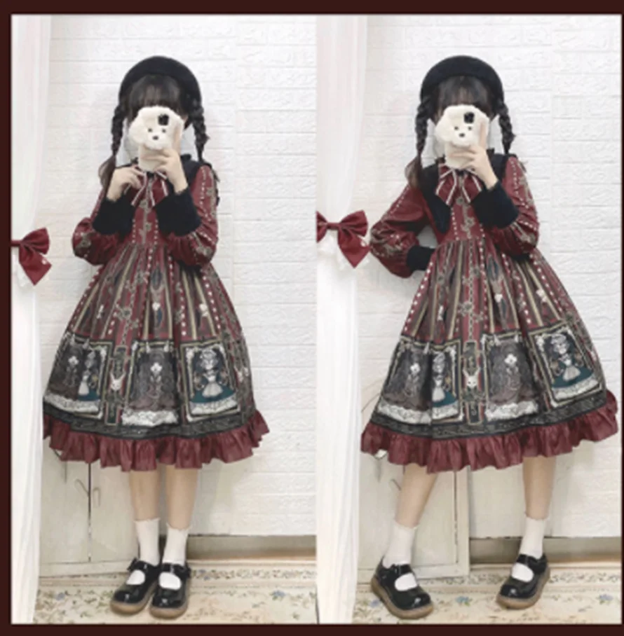 kawaii girl gothic lolita op loli cos Gothic retro sweet lolita dress falbala stand bowknot printing high waist victorian dress