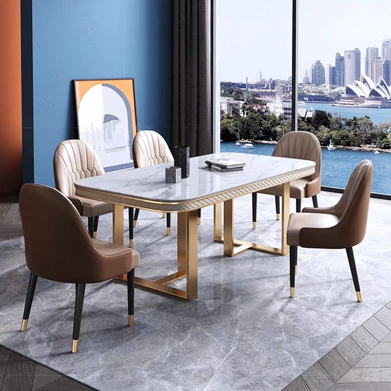 Luxury Italian Dining Table Set Modern Corner Marble Top Stainless Steel Dining Room Table