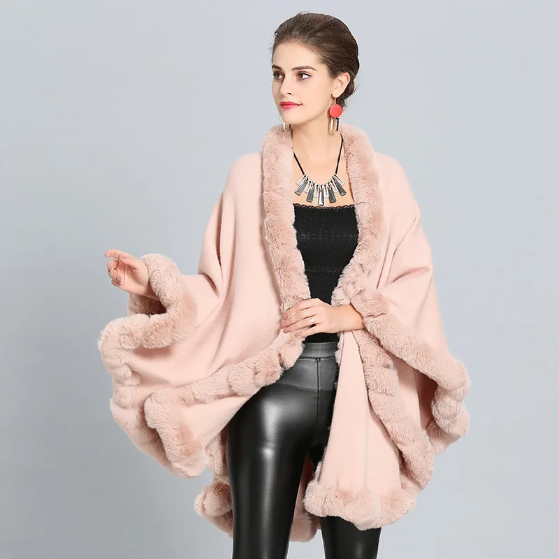 Fashion Handcraft Full Trim Faux Rex Rabbit Fur Cape Coat Loose Knit Cashmere Cloak Shawl Women Fall Winter New Pallium Outwear