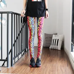 Fashion Personality Women's Leggings Spandex Rainbow Gradient Colourful Leopard Print Thin Elasticity High Waist Pants