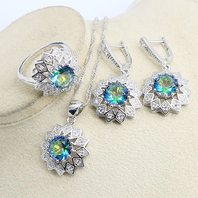 Classic Rainbow Zircon Necklace Earrings Sets For Women 925 Silver Ring Pendants Bracelets Rainbow Wedding Jewelry Sets