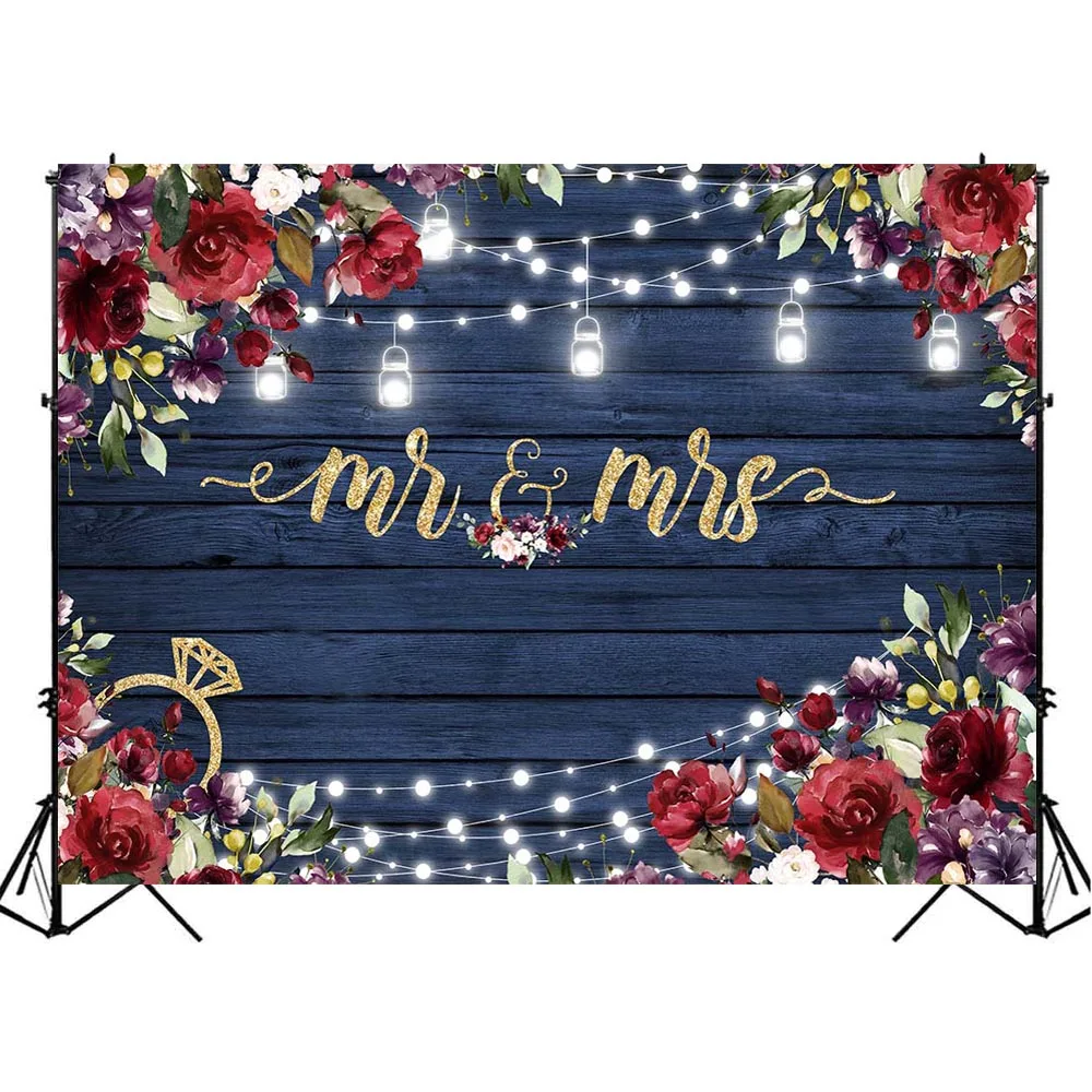 Mocsicka Mr & Mrs Fondo de madera de boda para fotografía flores rosas rojas luces novia novio foto fondo accesorios de estudio fotográfico