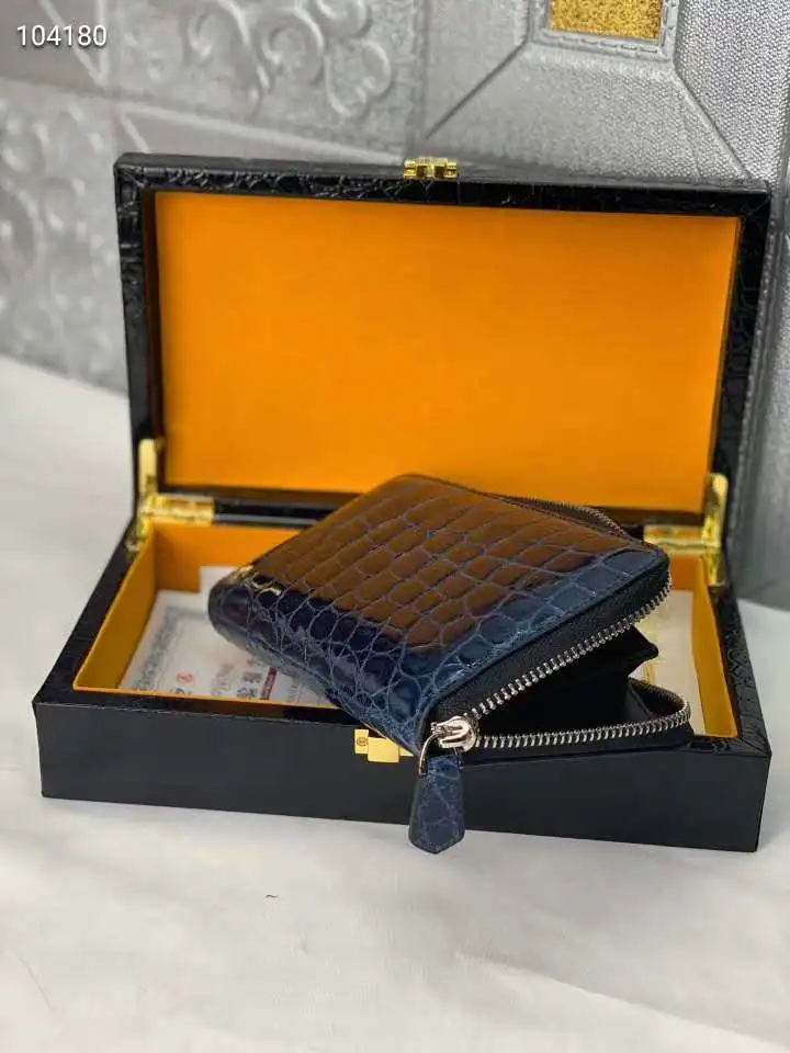 High glossy shinny genuine crocodile belly skin wallet clutch with inner cow skin lining blue color long zipper wallet purse