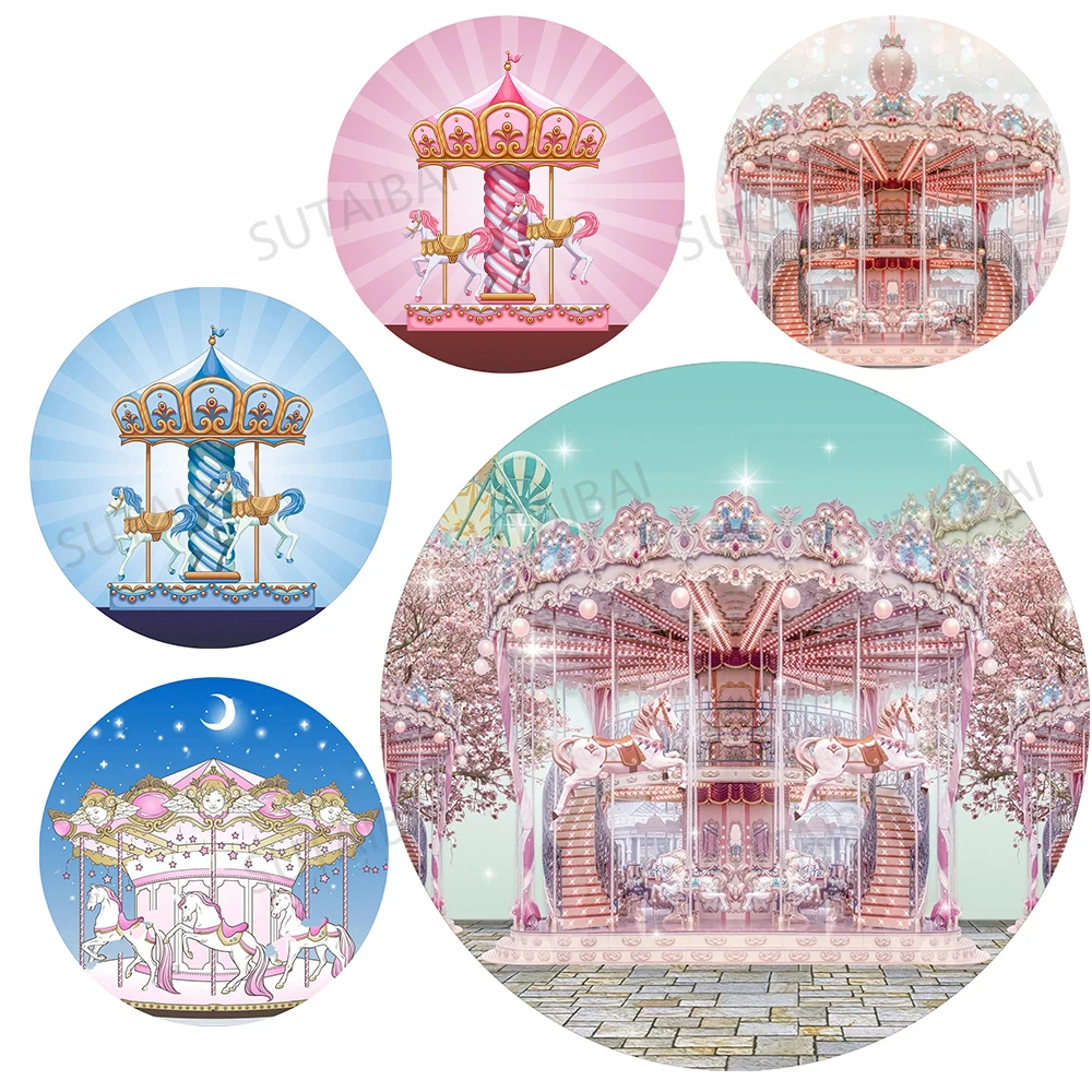 Pink Carousel Playground Round Backdrop FairyTale Girl Party Circle TableclothBaby Shower Birthday Circus Photo Background Cover