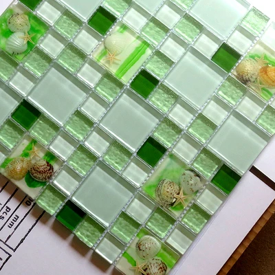 

Green Crystal Glass mixed Resin Shell Mosaic Tiles , DIY decoration Kitchen backsplash wall tile floor tile