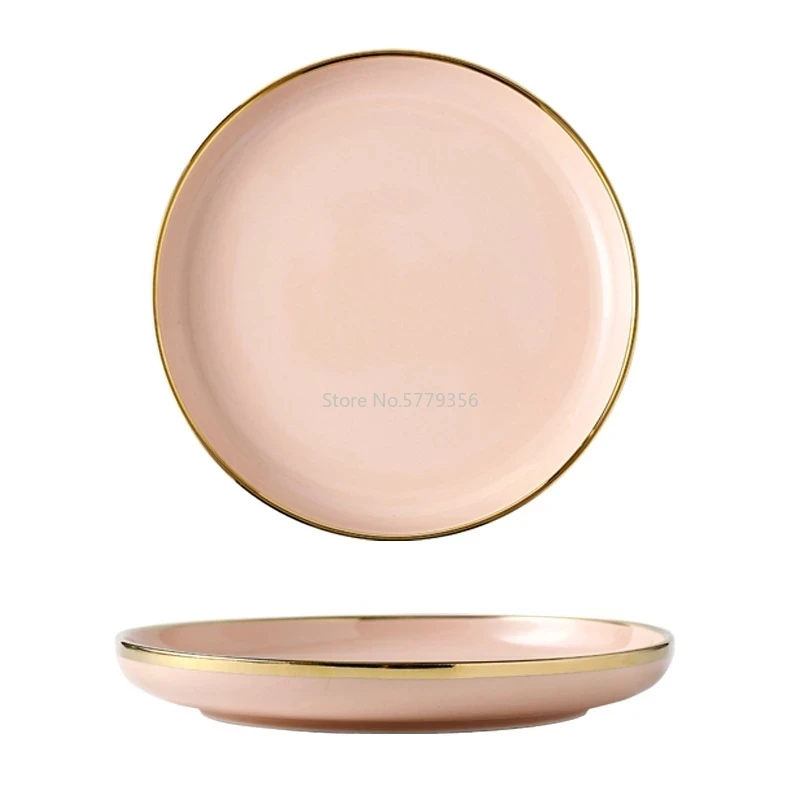 Pink Black Gold Inlay  Ceramic Dinner Plate Tableware Porcelain Bulk Serving Dishes Home Wedding Decorative Dinnerware