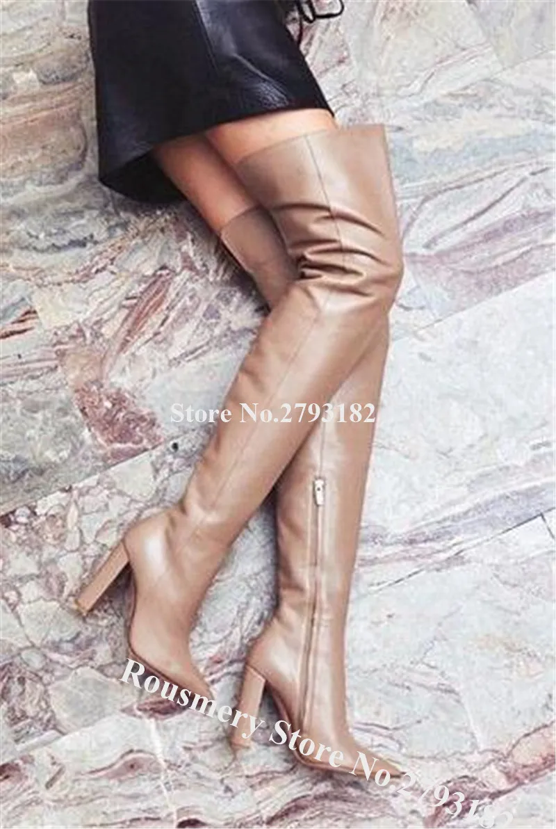 New Fashion Women Pointed Toe Over Knee Chunky Heel Leather Boots Pleated Long Thick High Heel Boots Formal Dress Shoes Heels