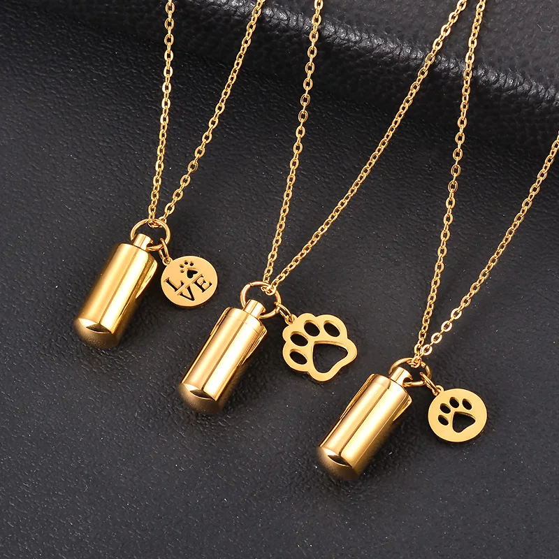 Pet Dog Paw Charm & Cylinder Urna pamiątkowa Naszyjnik ze stali nierdzewnej Pamiątka Wisiorek Uchwyt na prochy Biżuteria kremacyjna Dropshipping