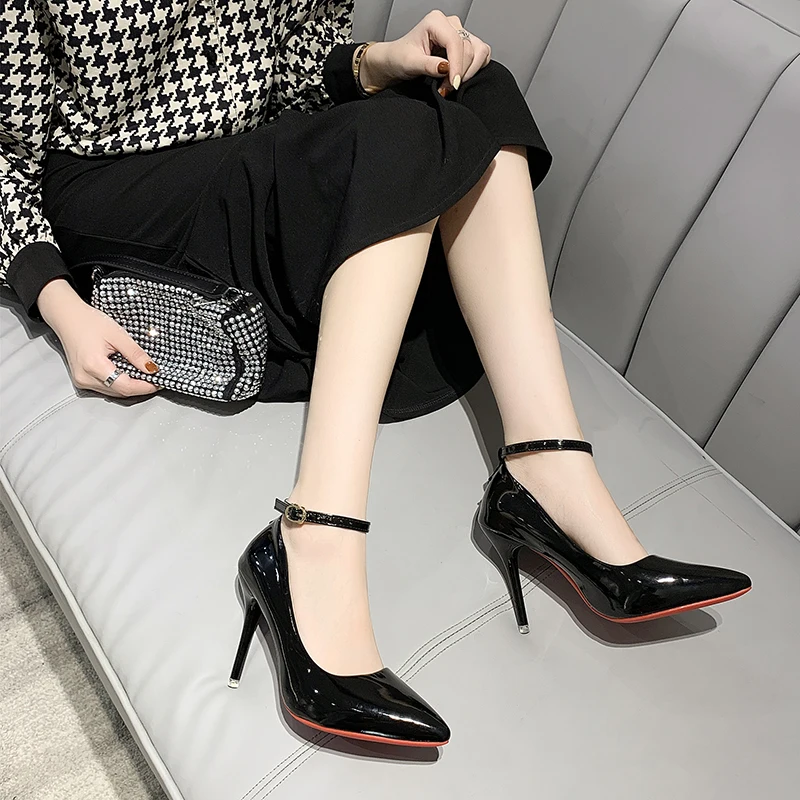 Aphixta Blcak Shoes Woman 10cm High Heel Pumps Buckle Thin Heels Women Shoes Wedding Party Sexy e Shoes Shoes Big Szie 45