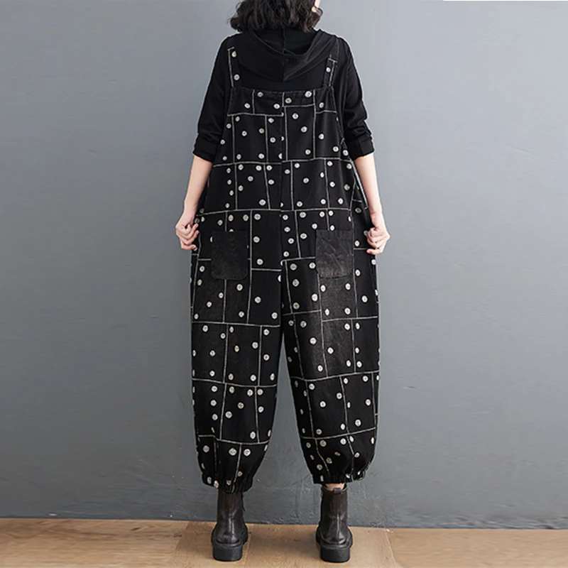 Loose Plus Size Oversized Cargo Jeans Jumpsuits For Women Vintage Print Plaid Black Denim Overalls Harajuku Straps Baggy Rompers