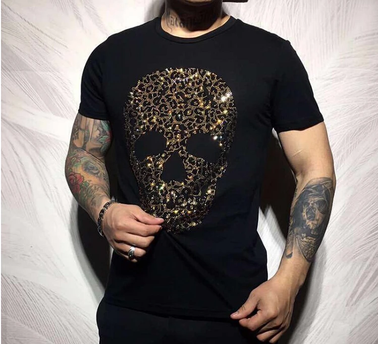 Hot drill Men\'s T-shirt Top Fashion Short Sleeve Tops Men Skull Tshirt Loose Casual Tee Hip Hop man and women